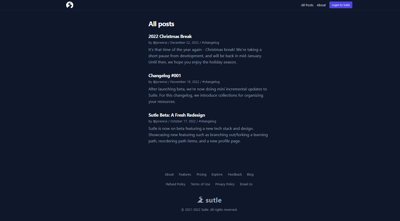 Blog site of Sutle which has the following posts: 2022 Christmas Break; Changelog #001; and Sutle Beta A Fresh Redesign.